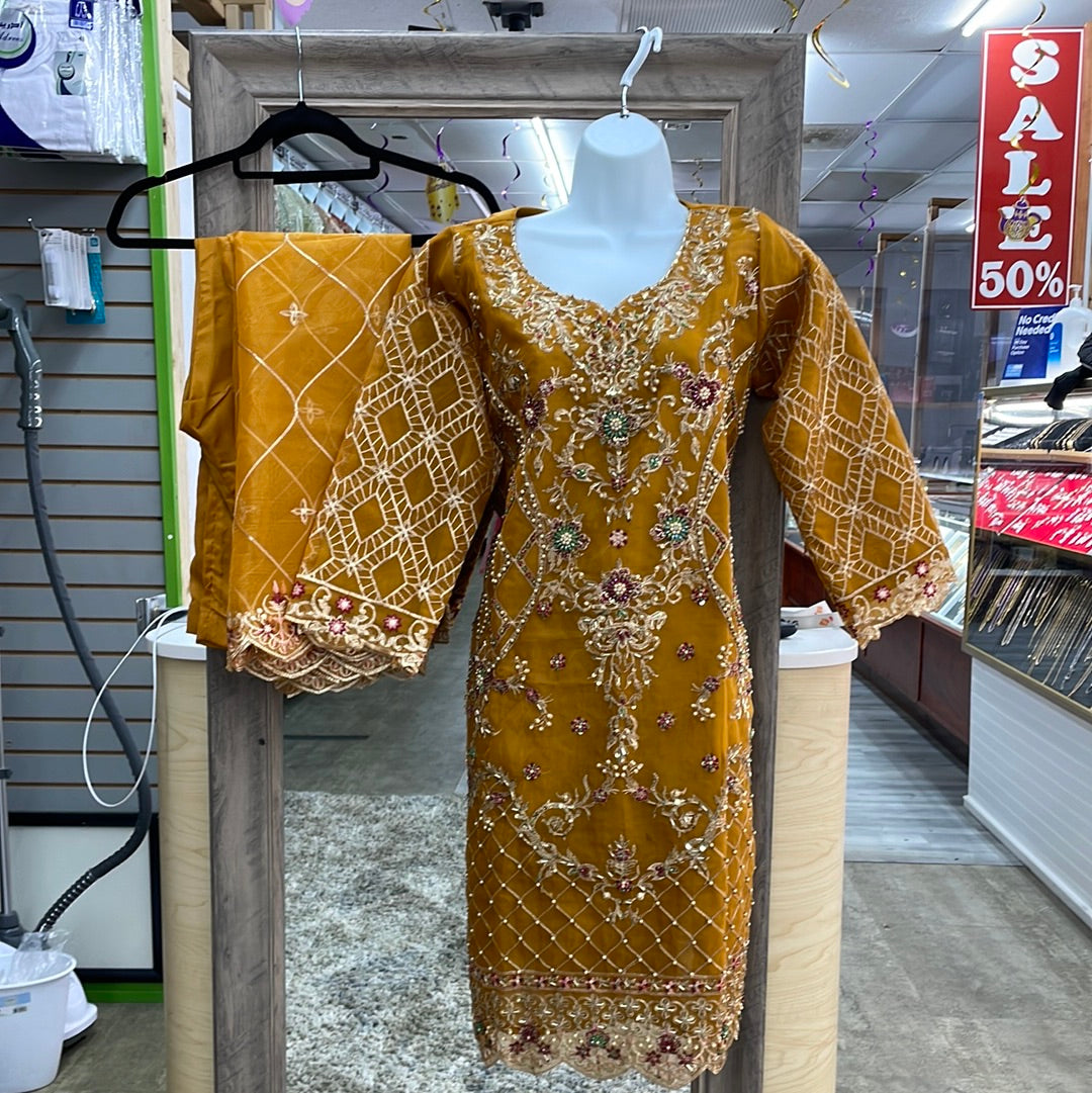 Artistic Mustard Yellow Color Organza Women’s Designer Dress