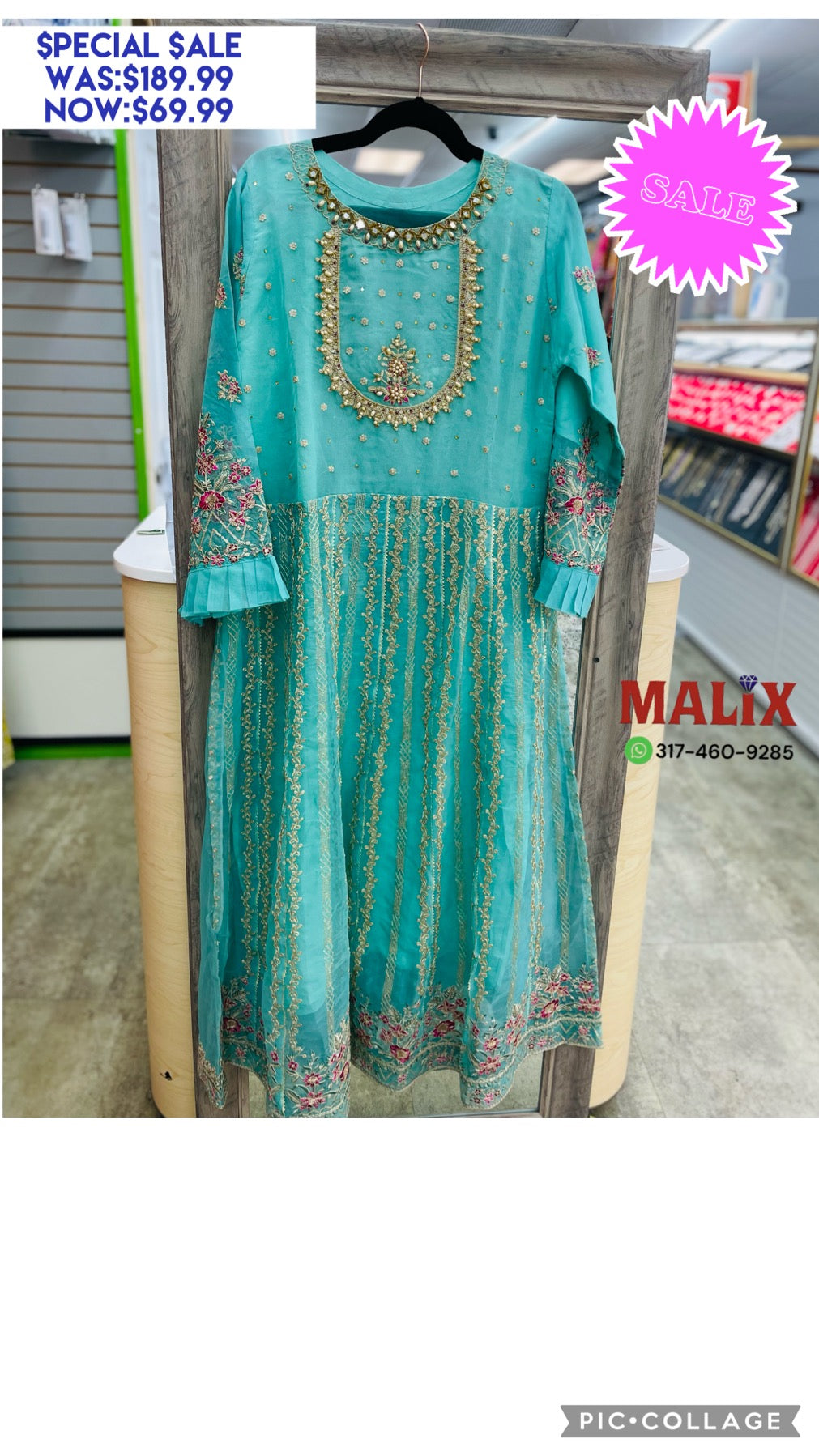 Spectacular Sky Blue Anarkali Gown with Heavy Beaded Neck, Gold Threaded Design, Dupatta, and Bottom Pants