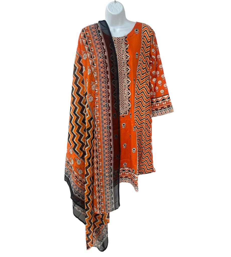 Orange color dailywear dress with dupatta.