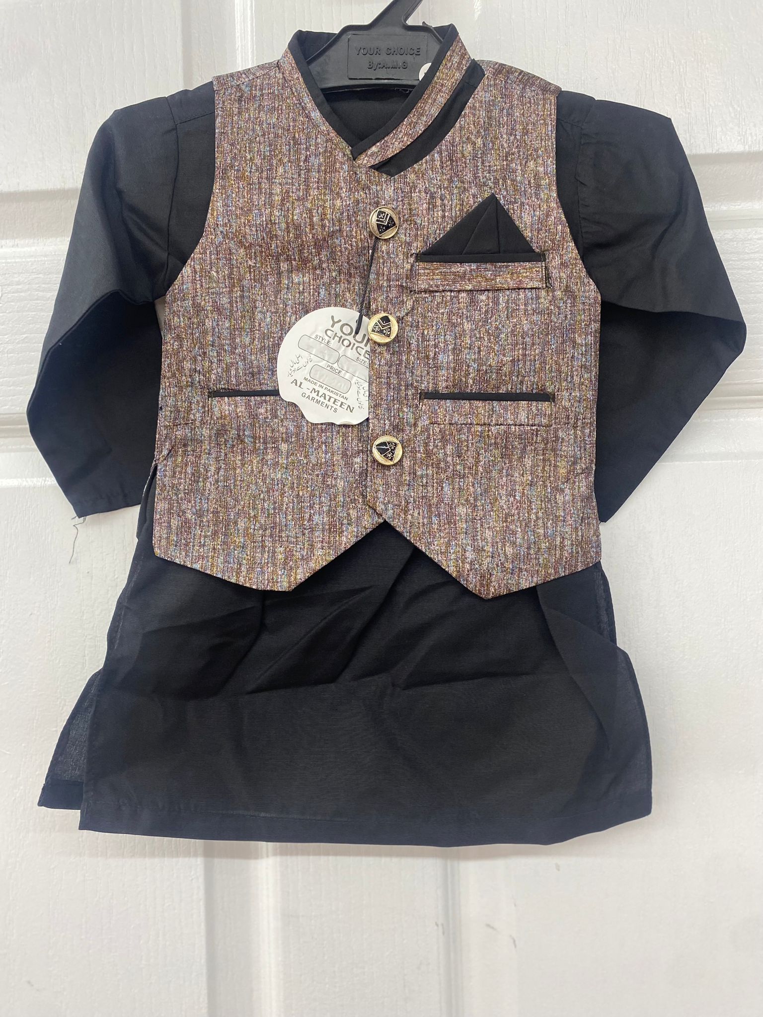 Black Color Boys Kids Salwar Kameez with Waistcoat