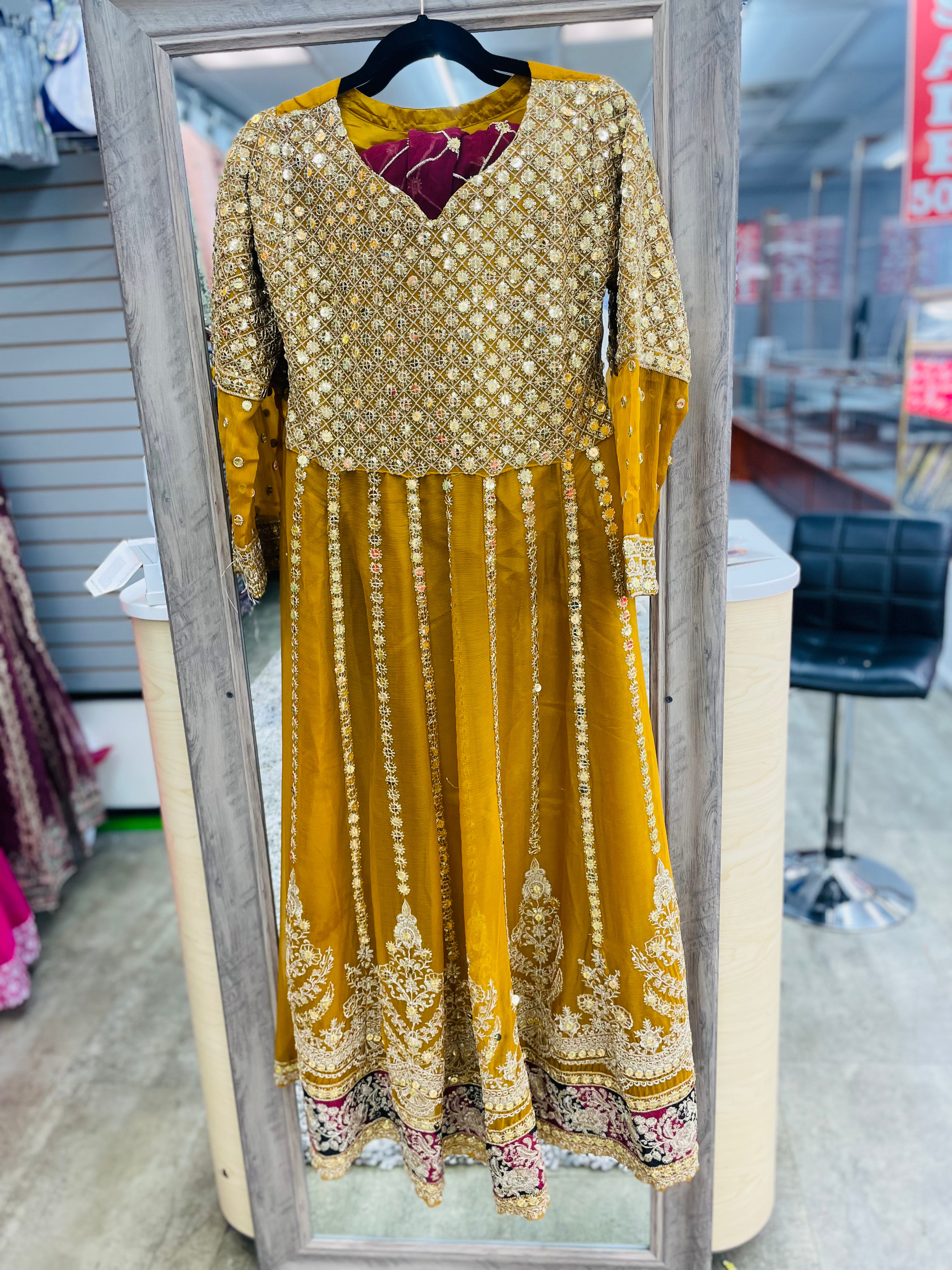 Yellow Color Desi Designer Long Gown  With Maroon Dupatta