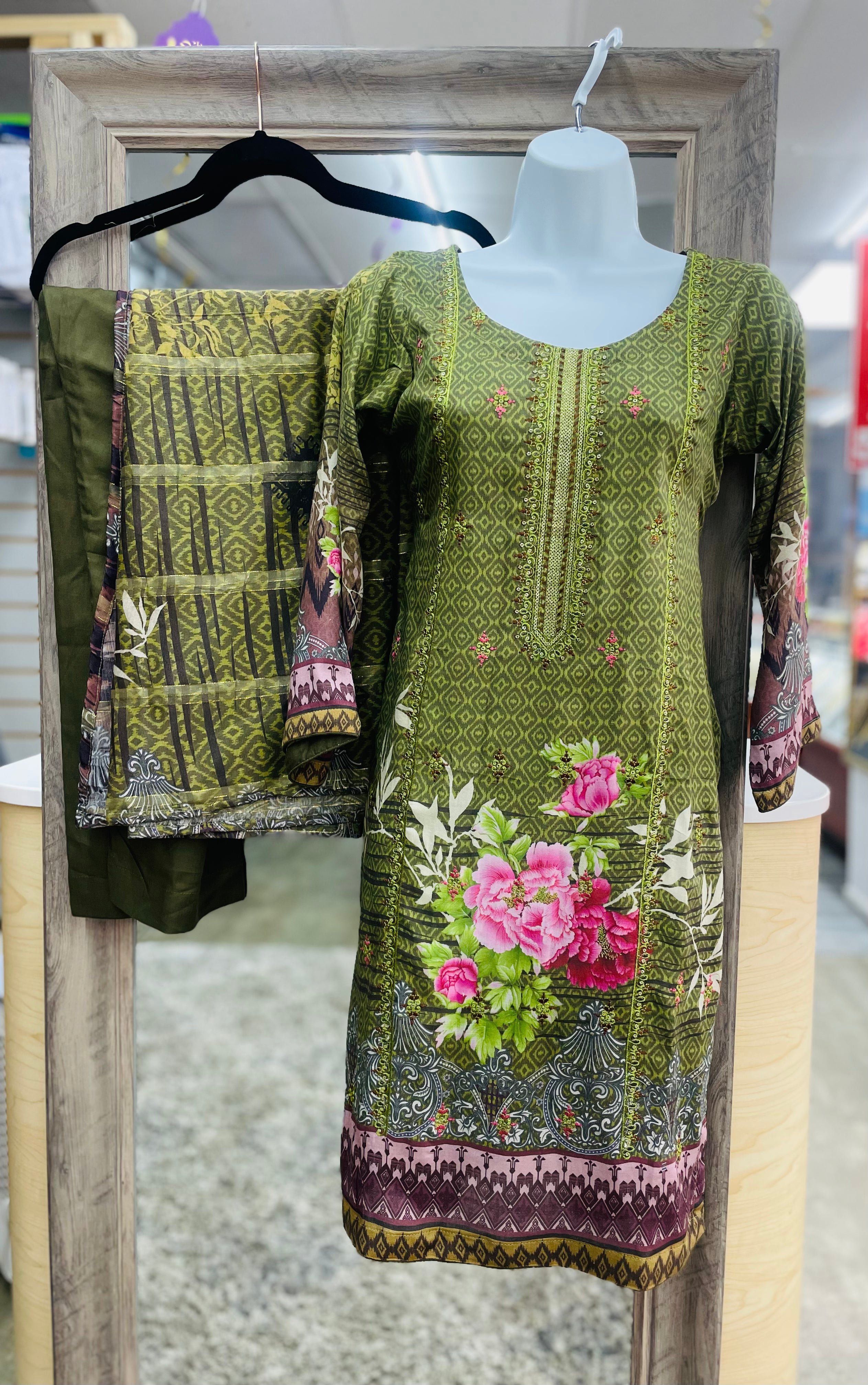 Alluring Olive Green Color Women’s 3 Pc Daily Wear Dress