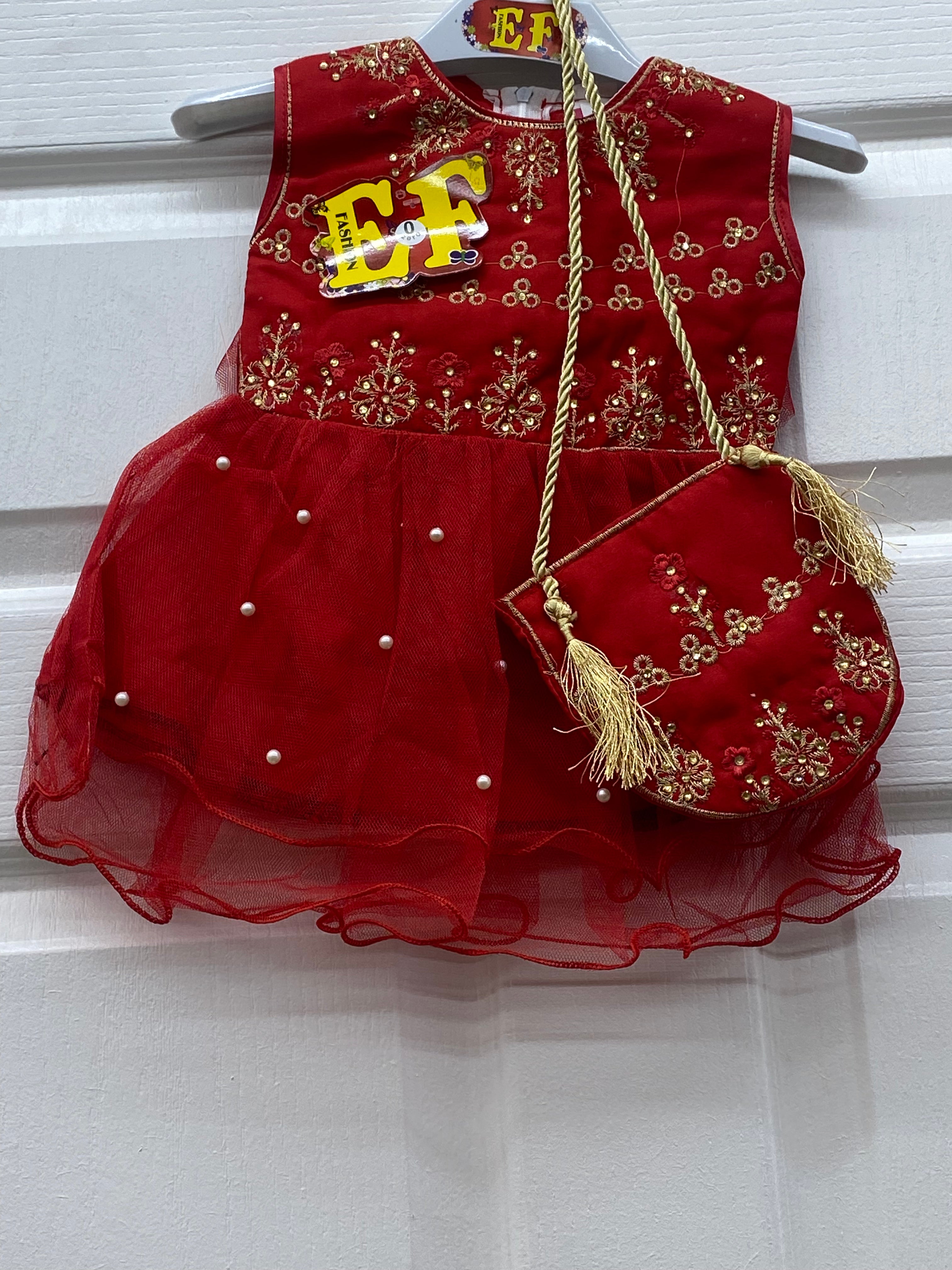 Red color designer frock with handbag