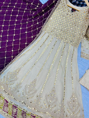 Beige Color Designer Long Gown  With Purple Color Dupatta