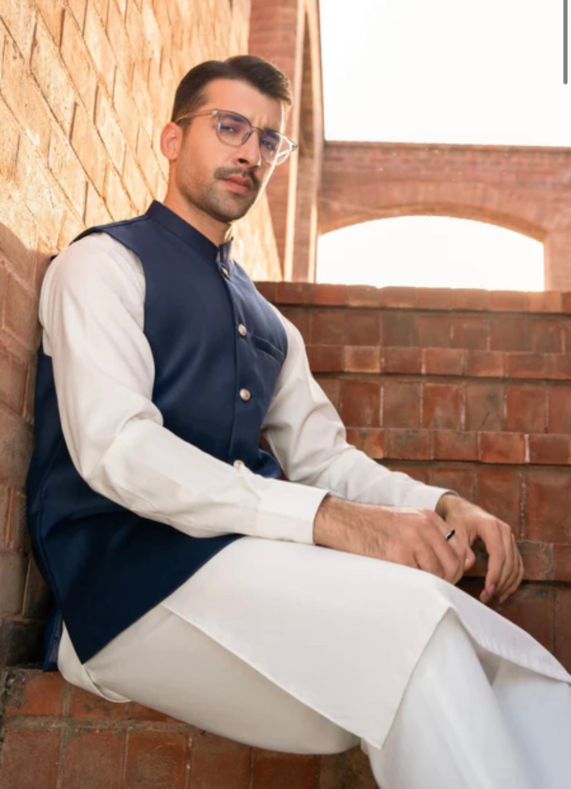 Blue Color Pakistani Luxury Designer Waist Coat