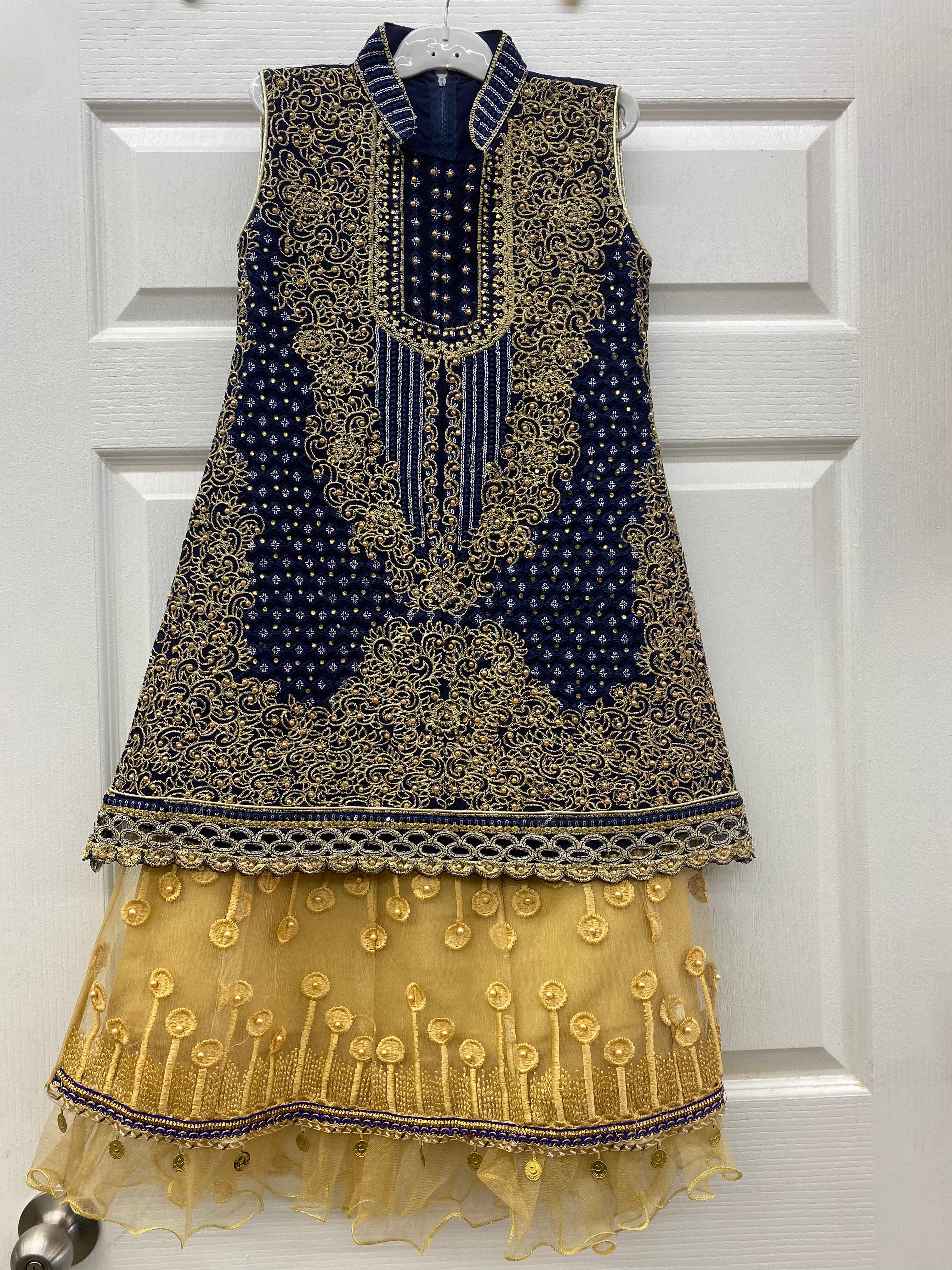 Navy Blue with Golden Lehanga Designer Embroidered for Girl Kids
