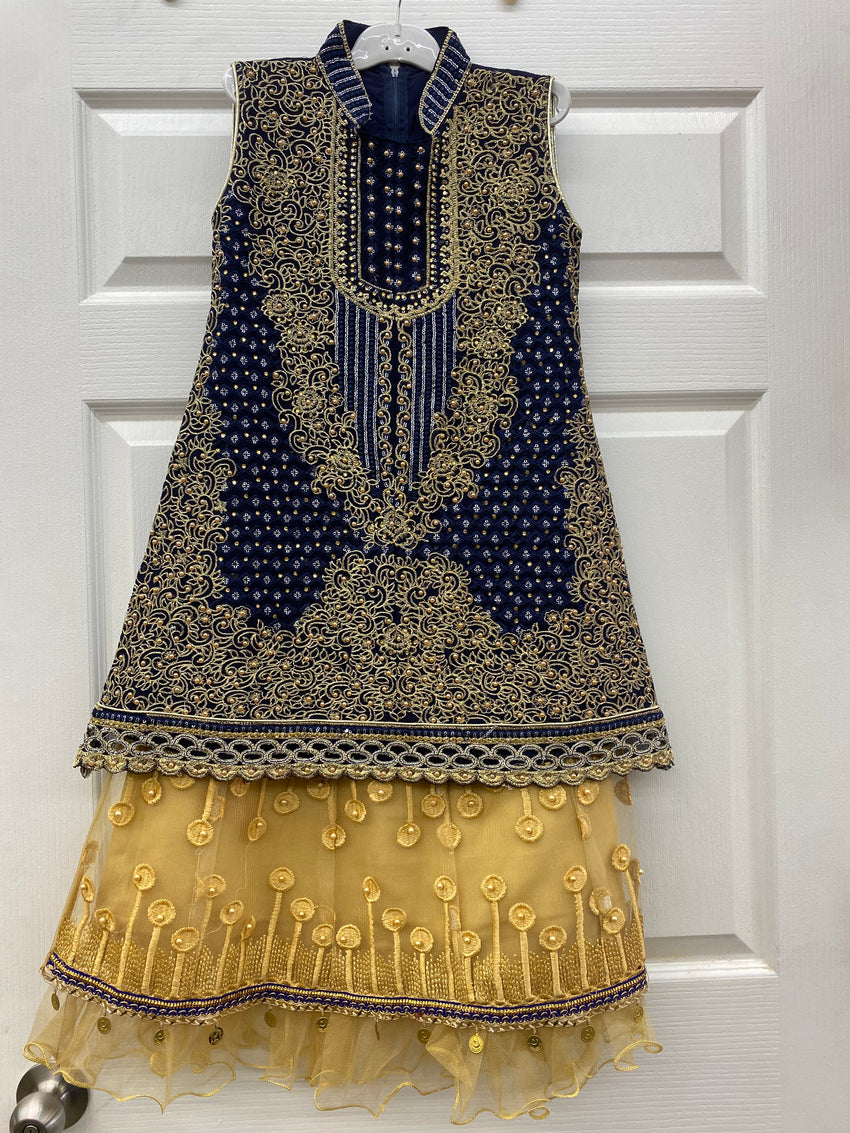 Navy Blue with Golden Lehanga Designer Embroidered for Girl Kids