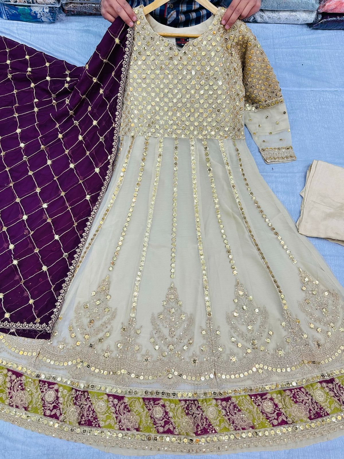 Beige Color Designer Long Gown  With Purple Color Dupatta