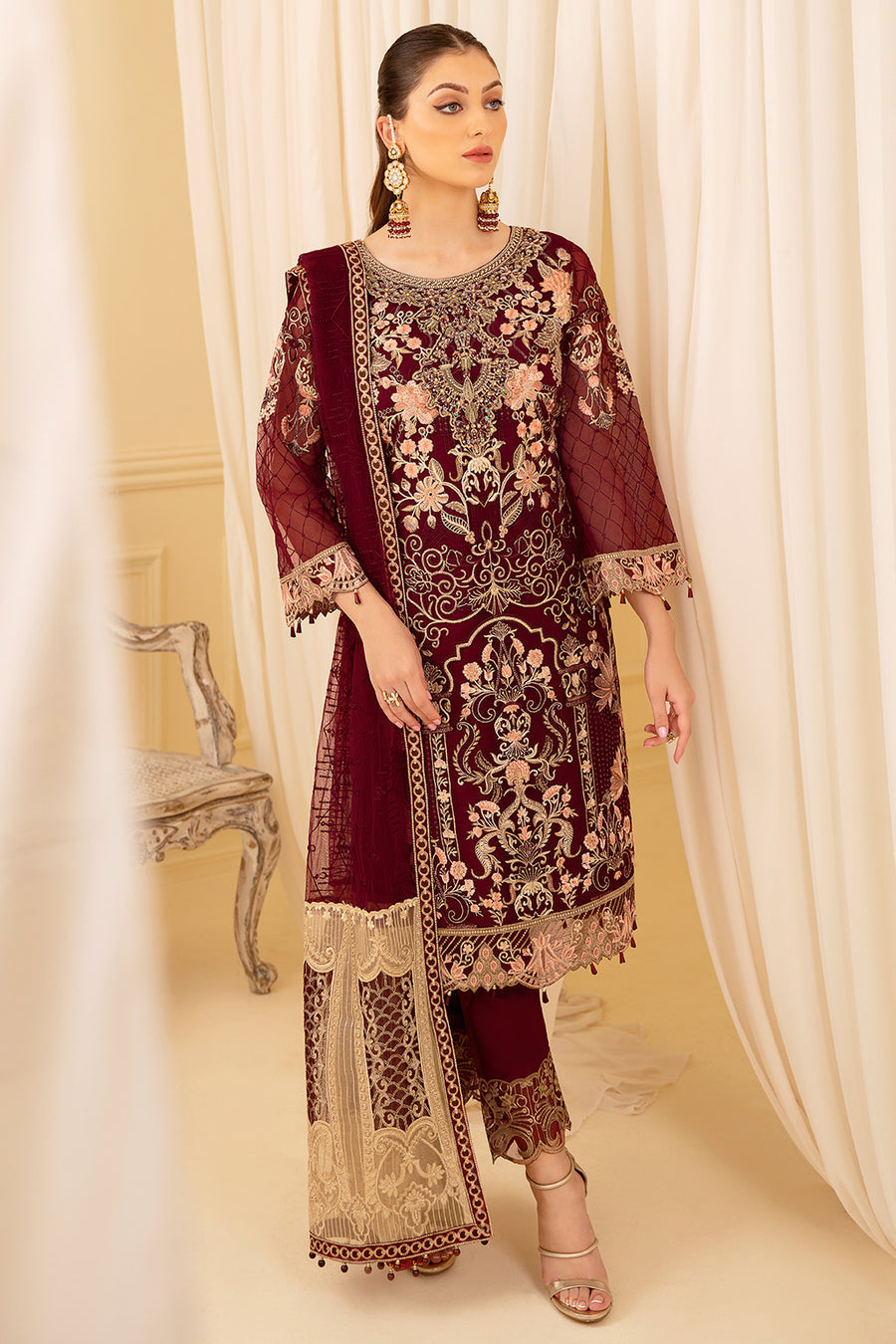 Maroon Pakistani Salwaar Kameez With Heavy Designer Embroidery Work