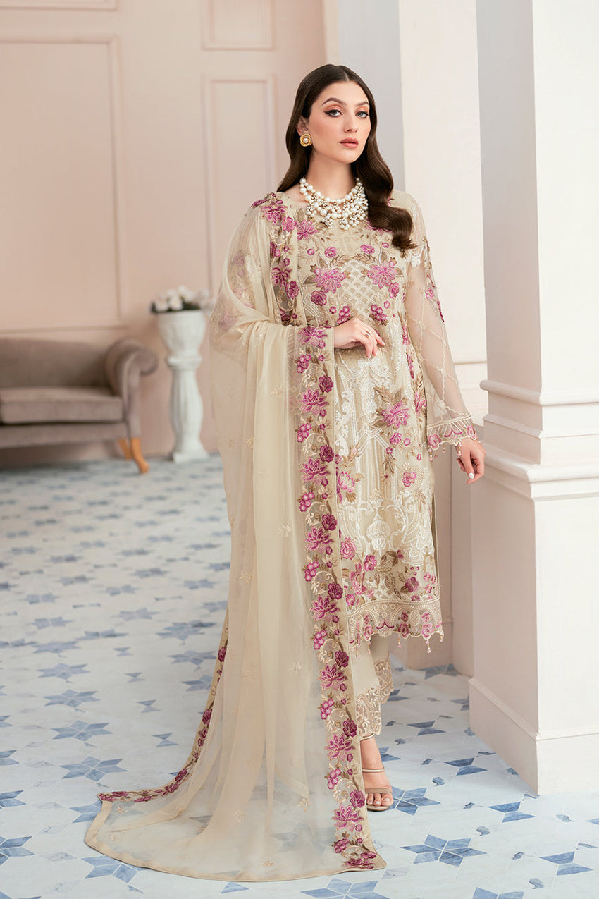 Beige Color Chiffon Embroidered Salwar Kameez Suit Set