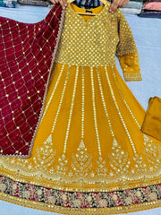 Yellow Color Desi Designer Long Gown  With Maroon Dupatta