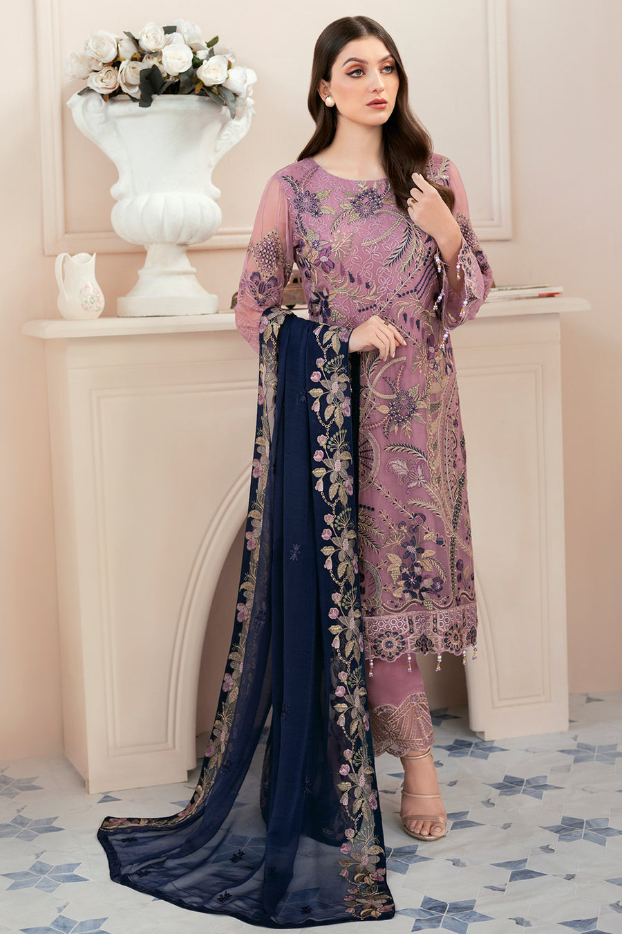 Mauve Pink Chiffon Embroidery Salwar Kameez Suit Set