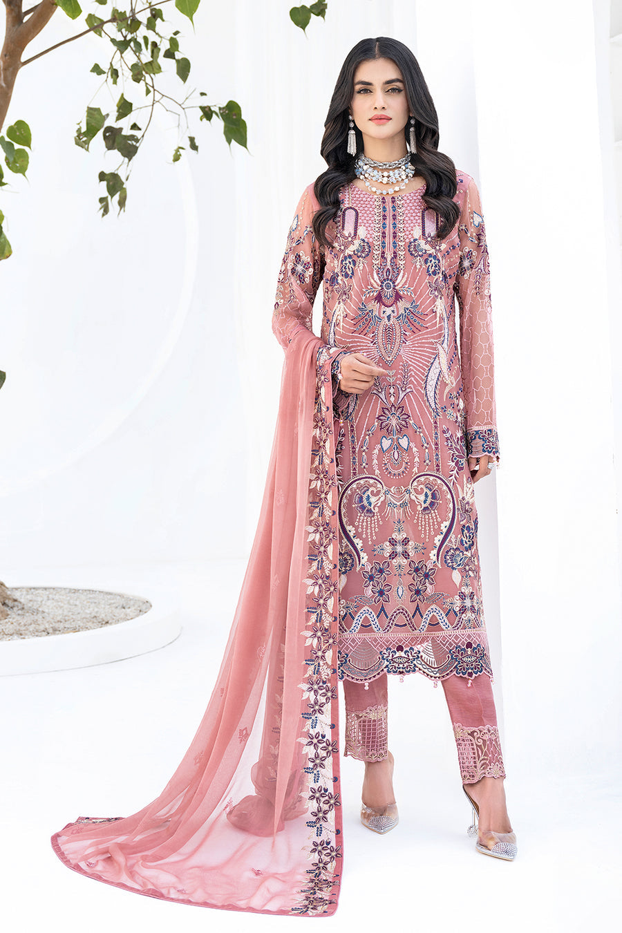 Mauve Pink Chiffon Embroidery Sequence Salwar Kameez Suit Set