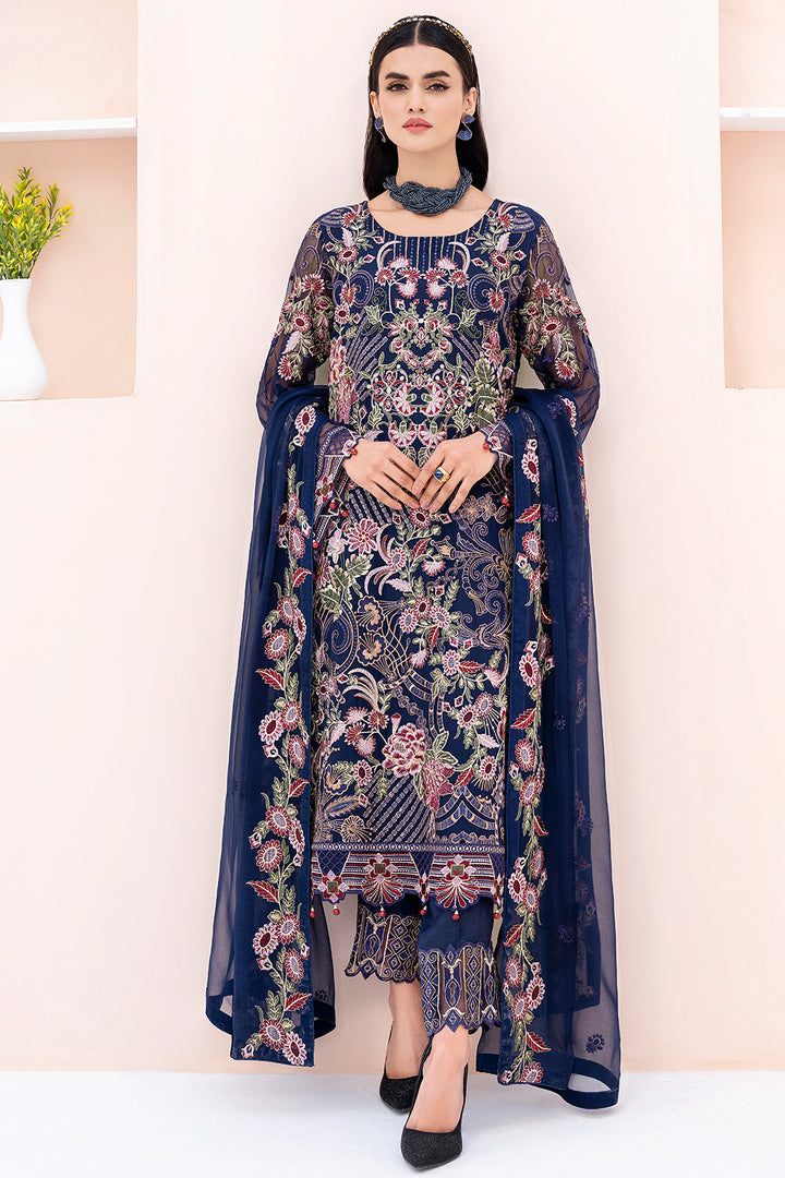 Navy Blue Chiffon Embroidery Salwar Kameez Suit Set